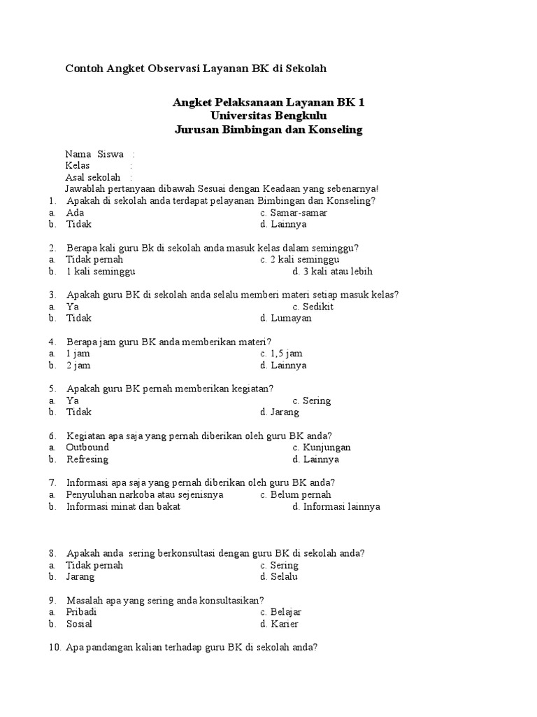 Contoh Angket Observasi Layanan Bk Di Sekolah