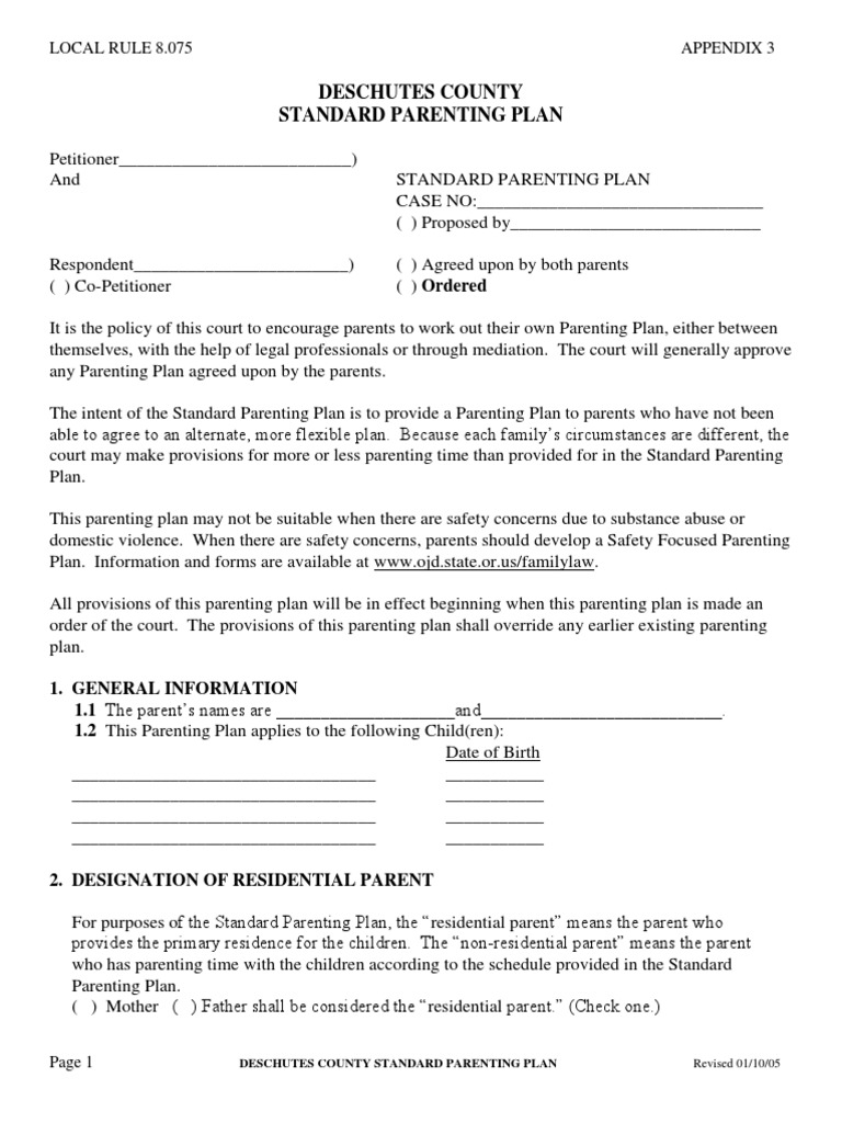 Deschutes County Standard Parenting Plan | PDF | Child Custody | Workweek  And Weekend
