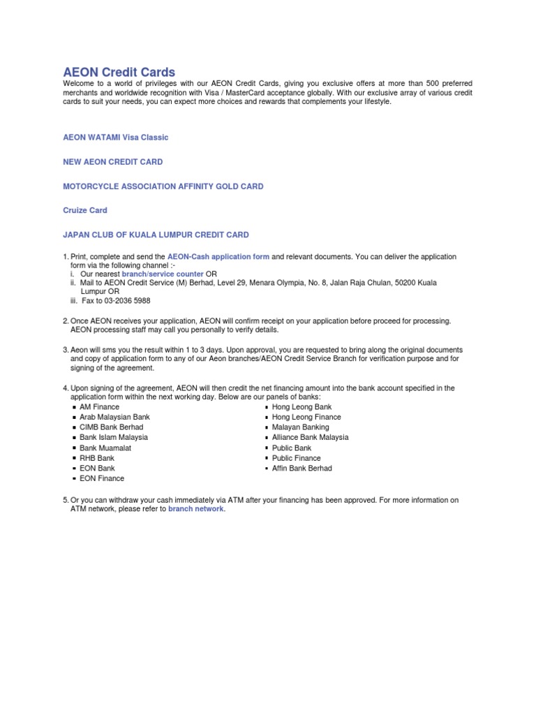 Aeon Credit Cards Pdf Visa Inc Credit Card