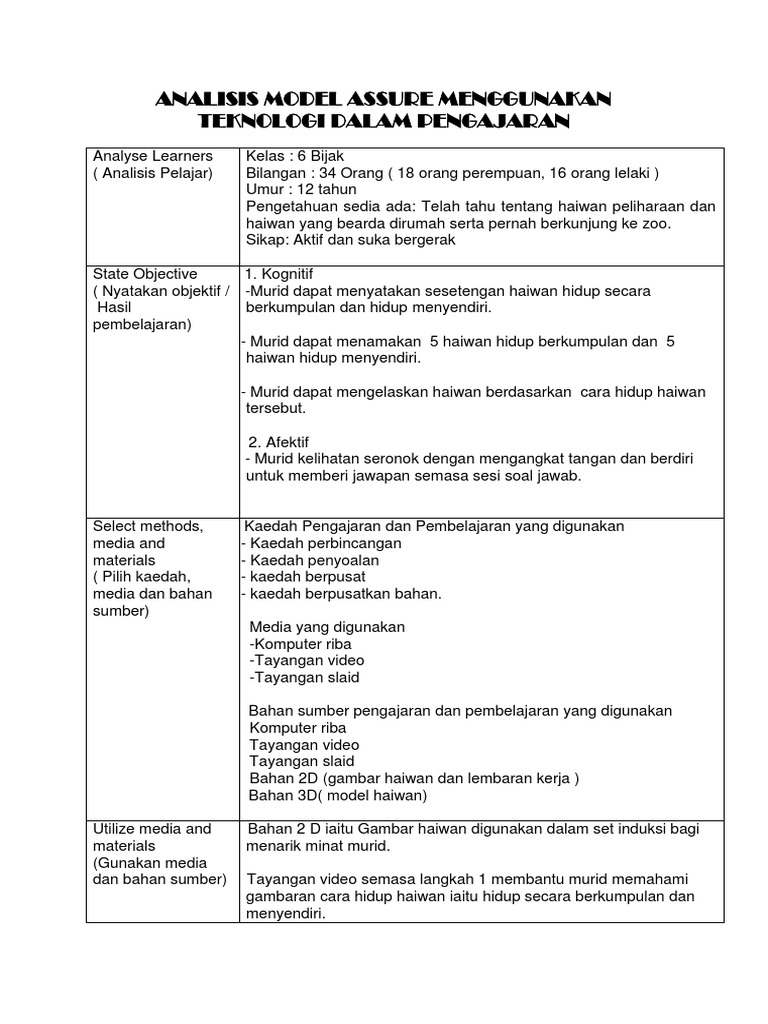 Contoh Aplikasi Model Assure Dalam RPH | PDF