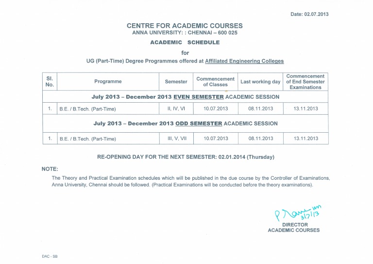 Anna University UG Part-Time Academic Schedule | PDF | Art | Computers
