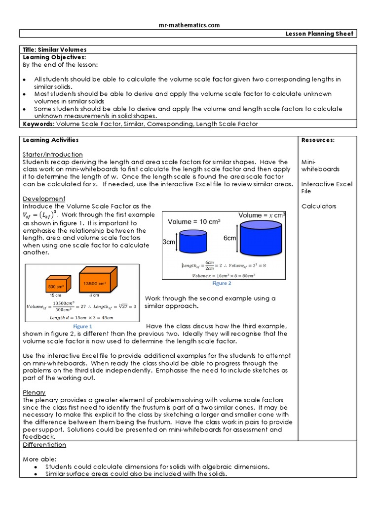 Lesson Plan Similar Volumes Volume Area
