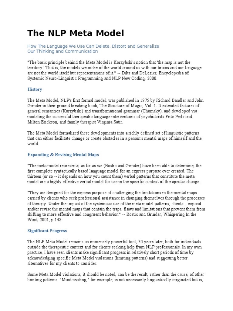 The NLP Meta Model PDF Neuro Linguistic Programming Cognitive Science