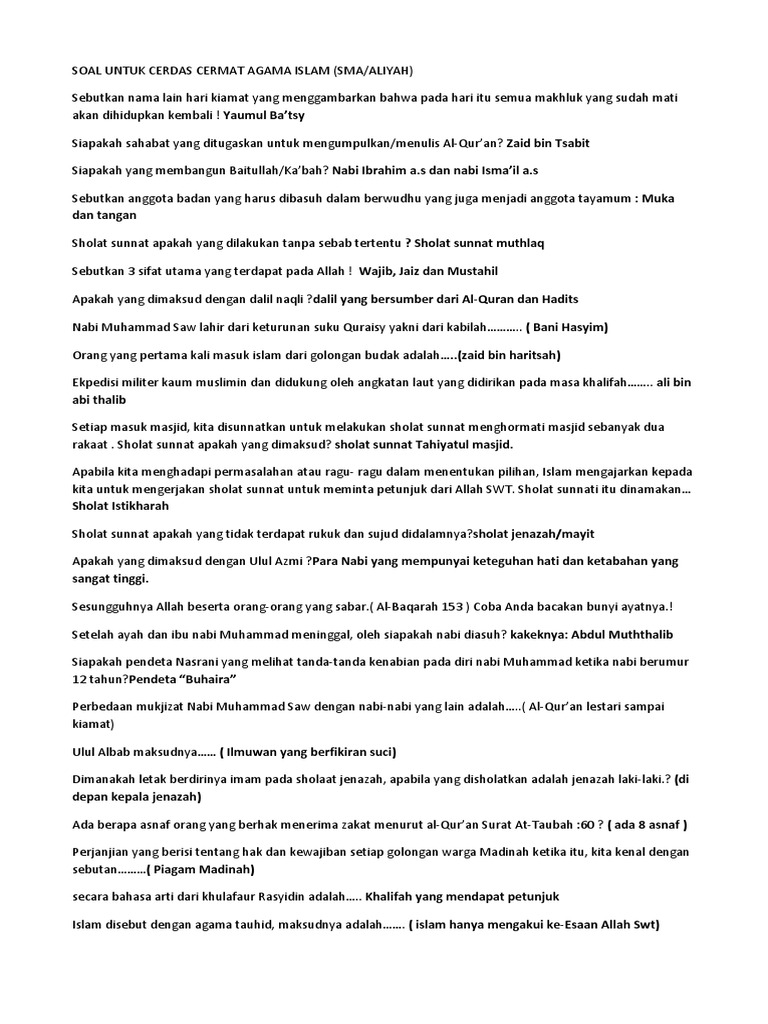 Soal Untuk Cerdas Cermat Agama Islam