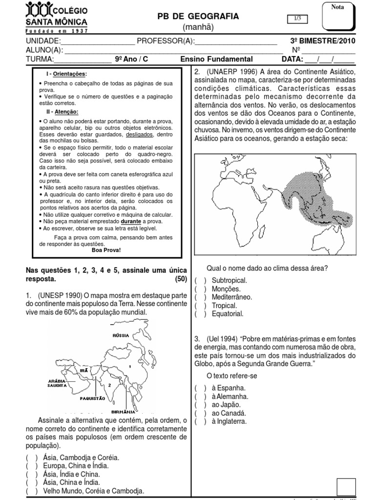 Atividades De Geografia 1 Ano Ensino Medio