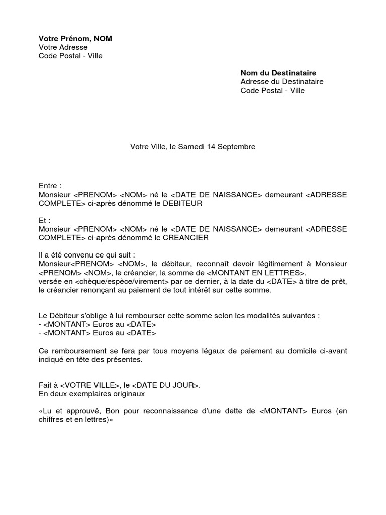 Entre Particuliers Reconnaissance De Dette Pdf Gratuit