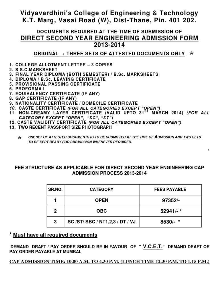 Direct Second Year Engg. Admission 2013 | PDF