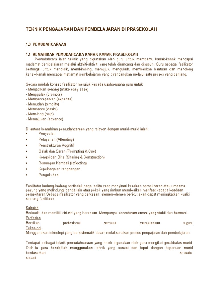 Teknik Pengajaran Dan Pembelajaran Di Prasekolah