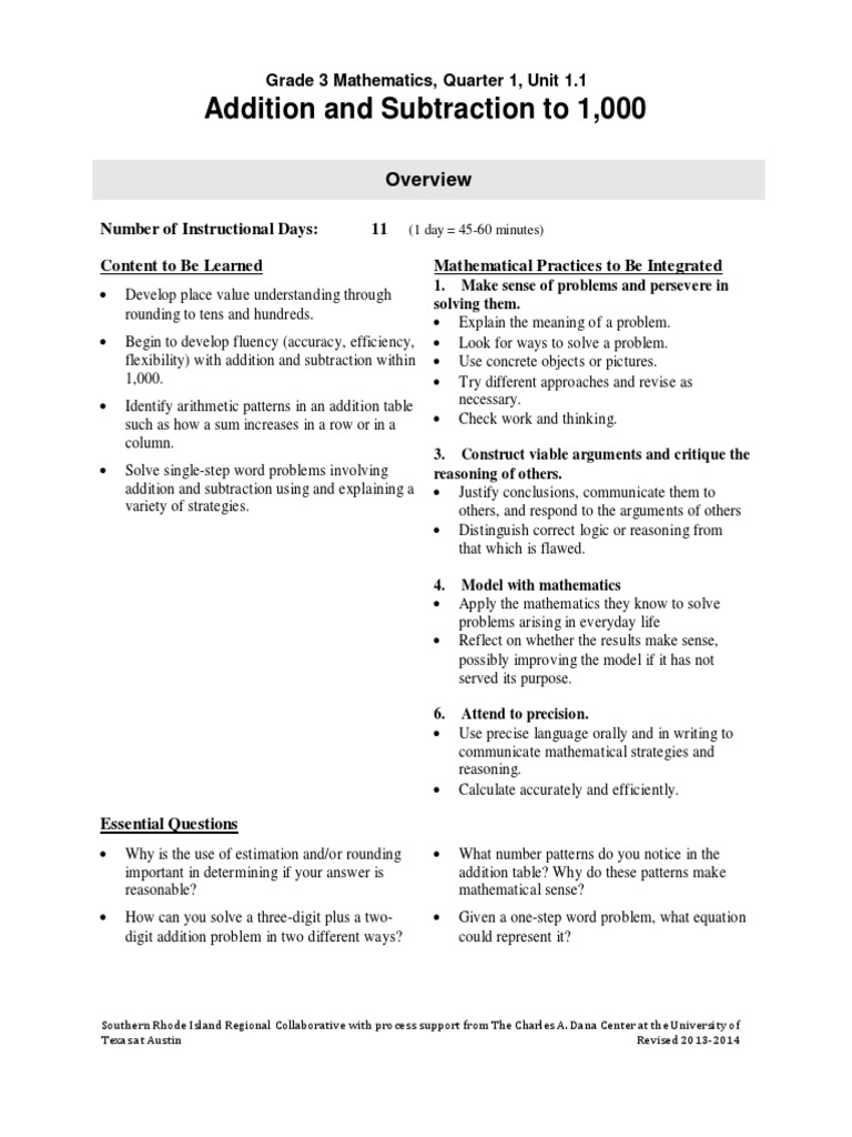 Grade 3 Math: Addition & Subtraction Unit | PDF | Argument | Teaching ...