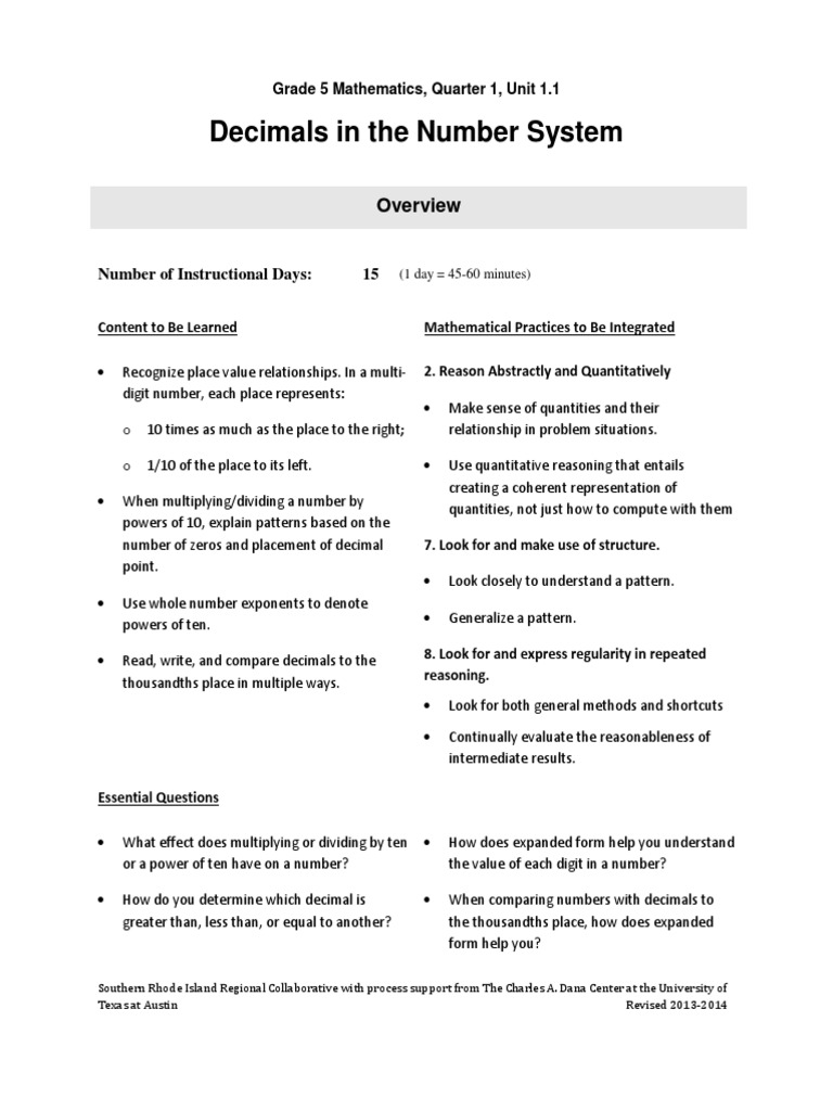 Grade 5 Sorico Math Unit 1 1 2013-2014 | PDF | Decimal | Fraction ...