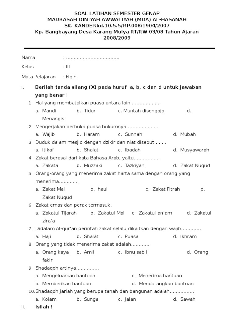 Soal Uts Kls 4 Semester 2 Ayo Madrasah Diniyah