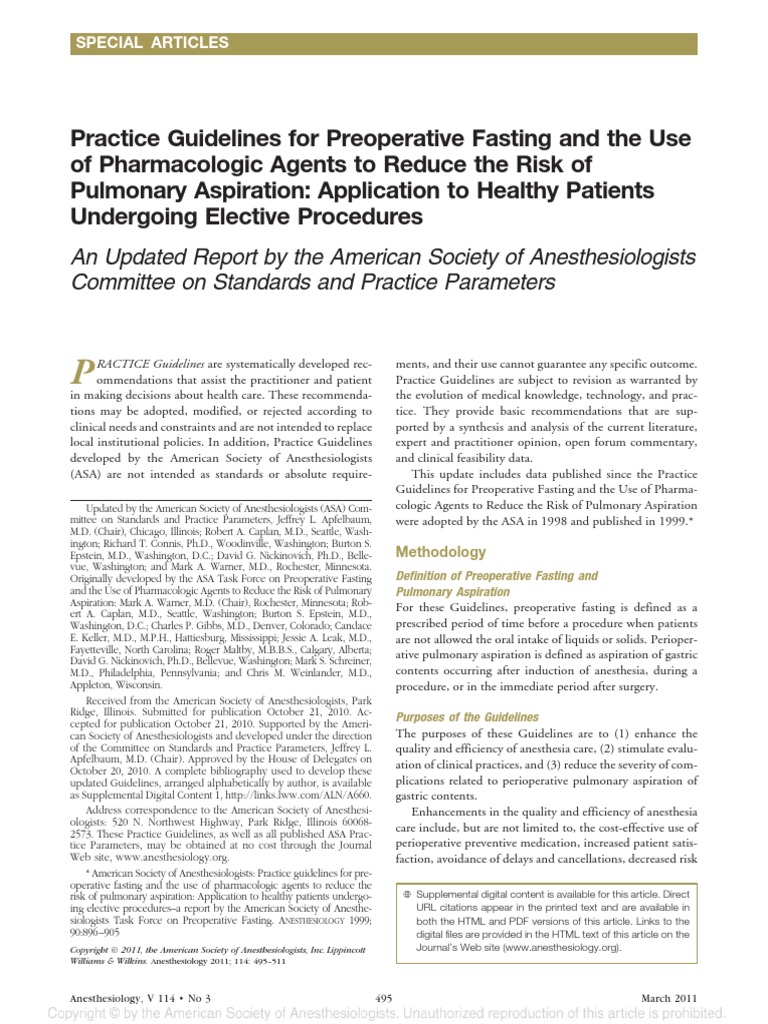 Practice Guidelines For Preoperative Fasting PDF Anesthesia