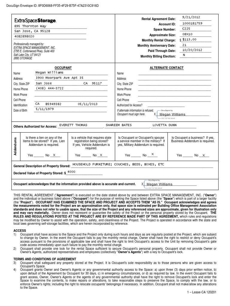 Extra Space Storage LeAse PDF Insurance Lease