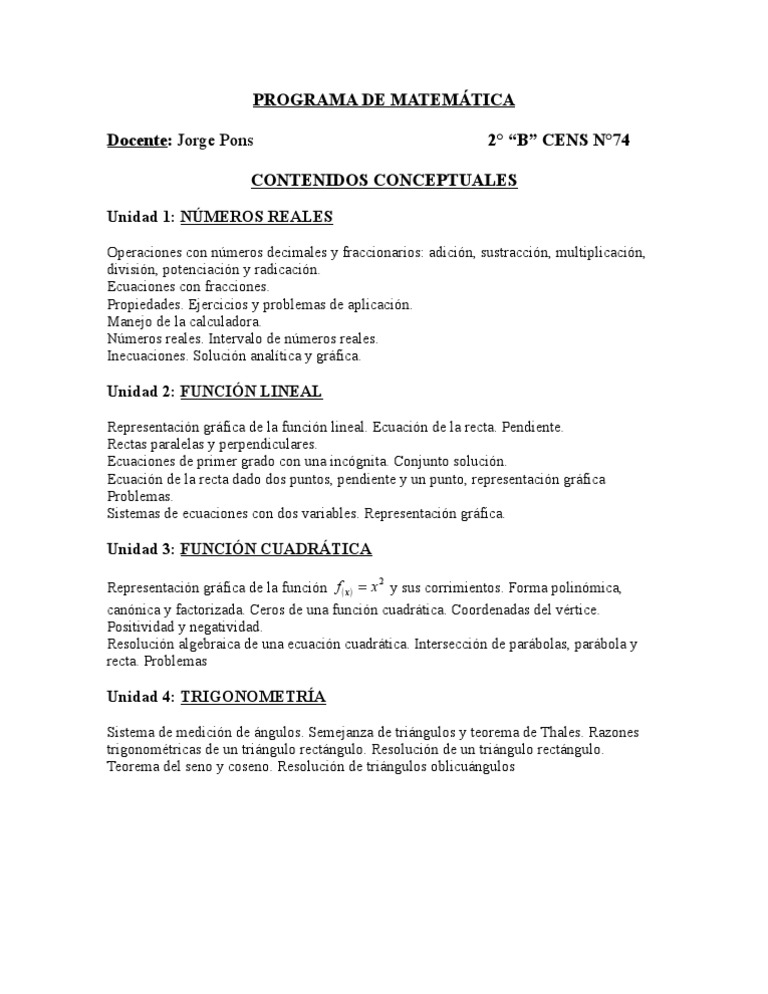 Programa De Matematica Docente Jorge Pons Contenidos Conceptuales