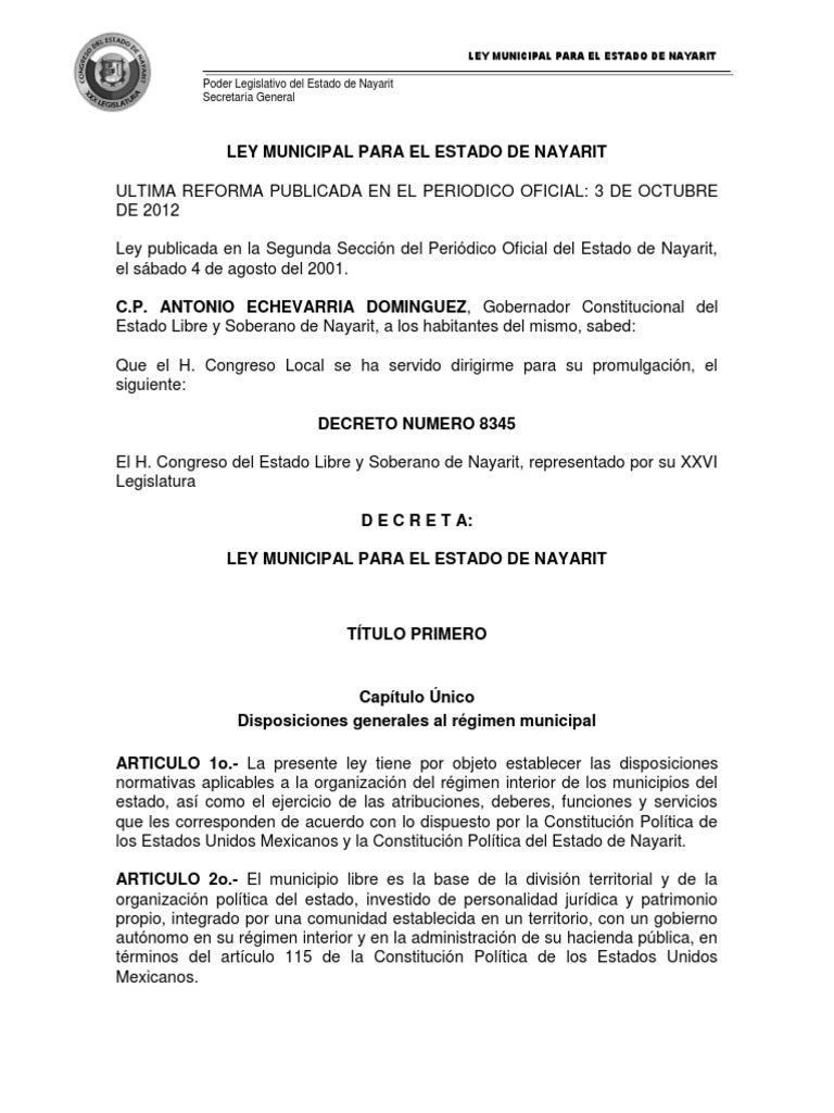 Municipal Para El Estado de Nayarit (Ley) Local Government Mayor