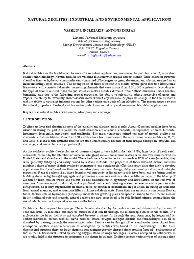 NATURAL ZEOLITES INDUSTRIAL AND ENVIRONMENTAL USES PDF Zeolite