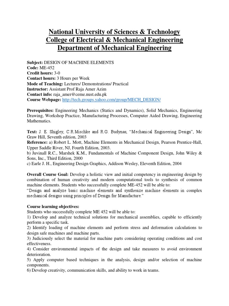 ME-452: Design of Machine Elements | PDF | Mechanical Engineering ...