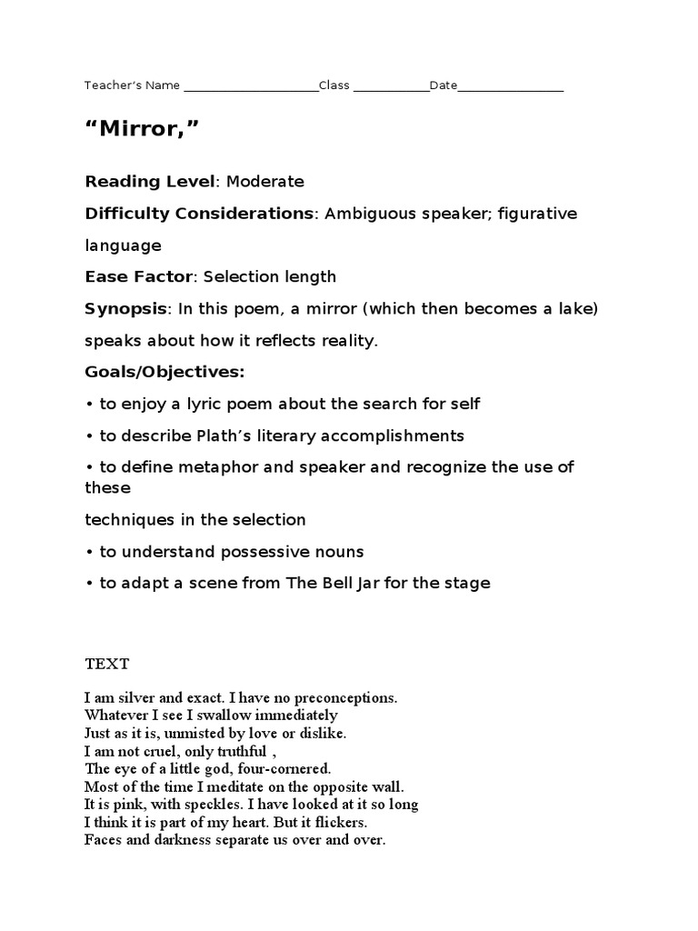 "Mirror," Reading Level Moderate Difficulty Considerations Ambiguous Speaker Figurative PDF