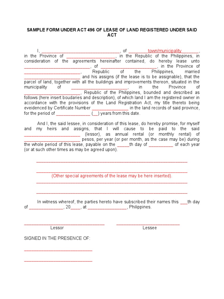Lease Form Under Republic Act 496 | PDF