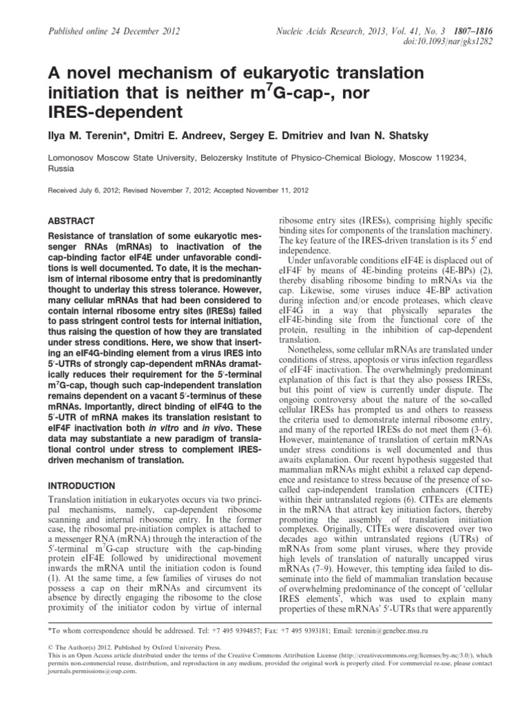 A Novel Mechanism of Eukaryotic Translation | PDF