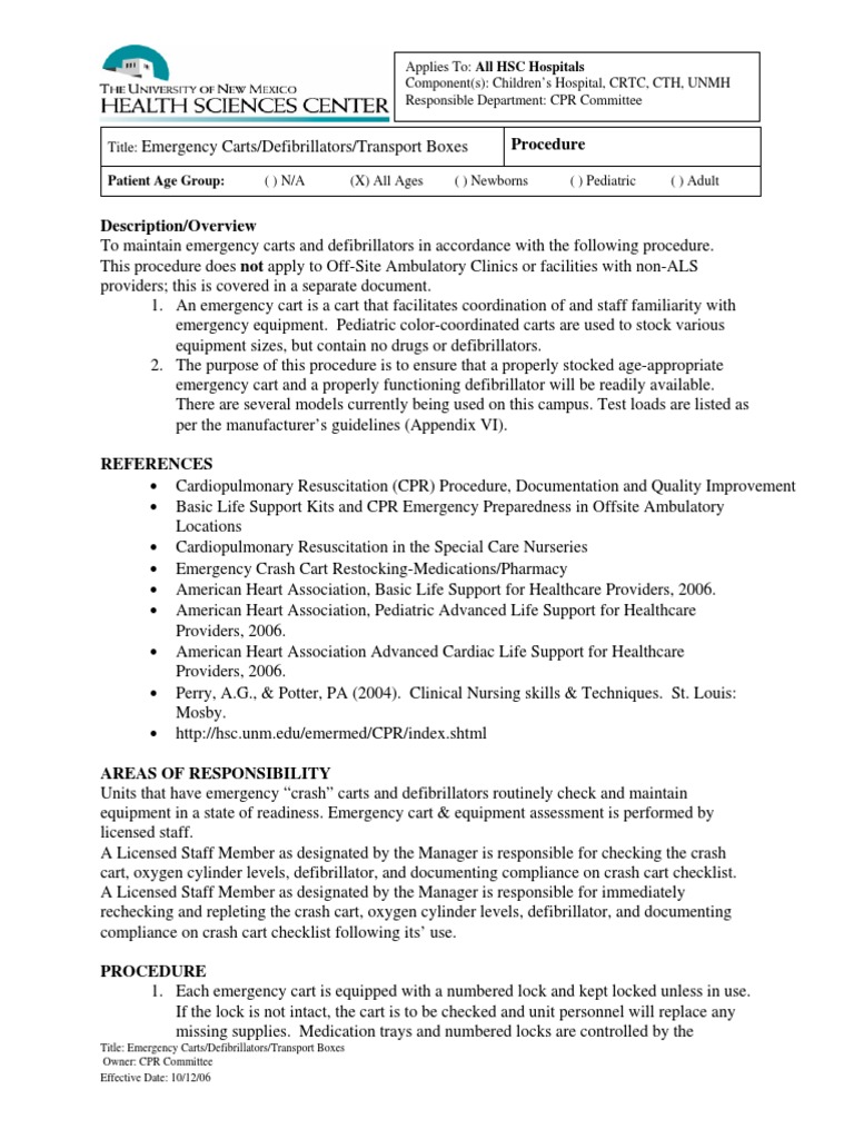 Emergency Cart Procedure | PDF | Cardiopulmonary Resuscitation ...
