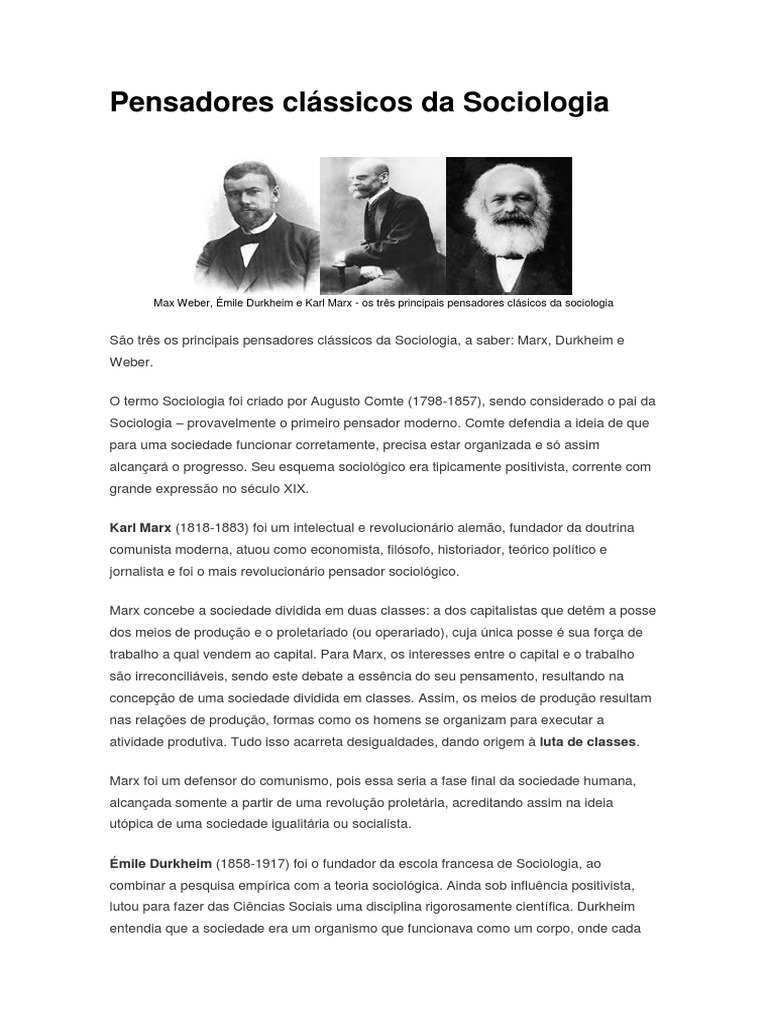 Clássicos da Sociologia: Marx, Durkheim e Weber | PDF | Sociologia ...