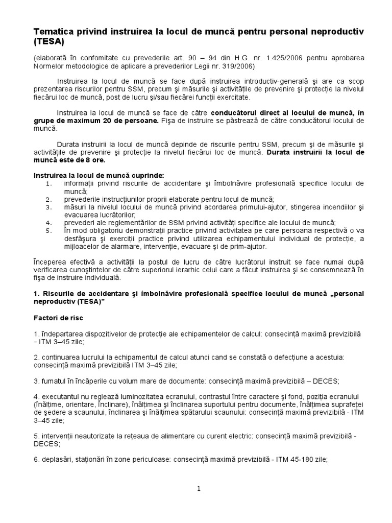 Tematica Instruire La Locul de Munca Personal TESA