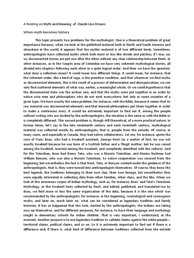 Myth and Meaning in Lévi-Strauss' Work | PDF | Mythology | Franz Boas