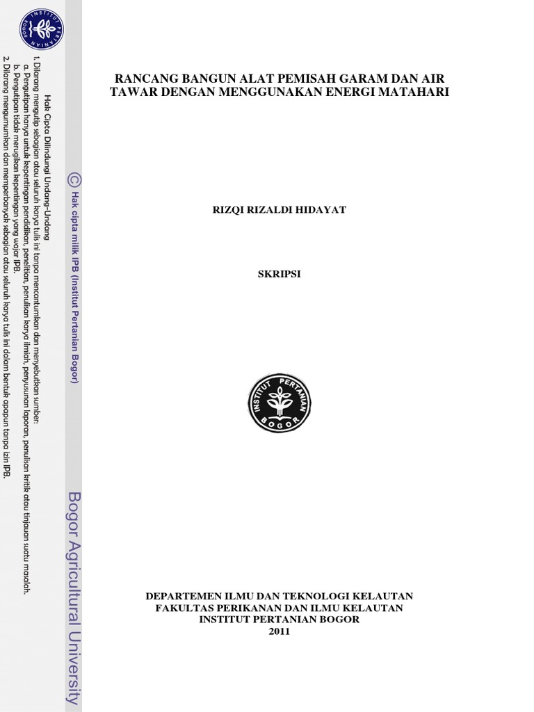 Rancang Bangun Alat Pemisah Garam Dan Air Tawar Dengan