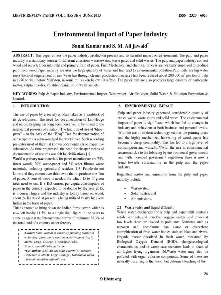Environmental Impact of Paper Industry Pulp (Paper) Waste