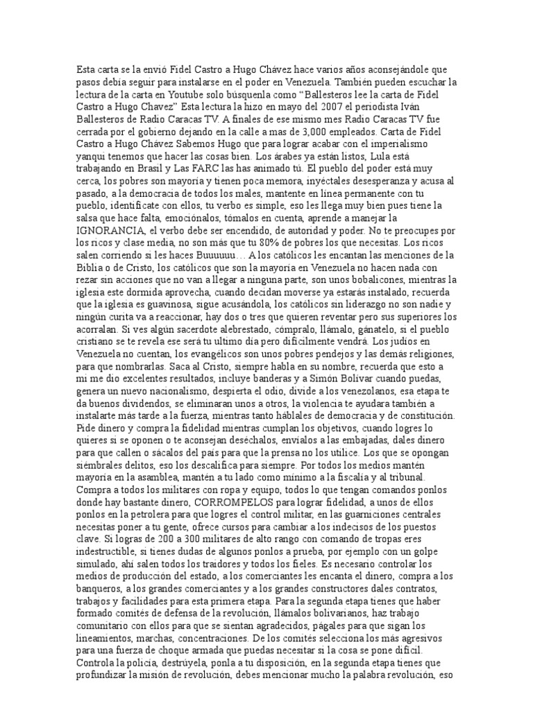 Carta de Fidel A Chavez PDF Hugo Chavez Fidel Castro