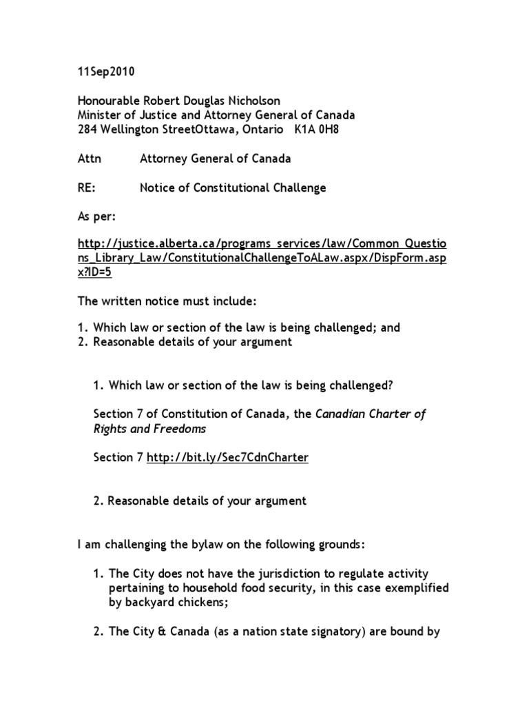 Notice of Constitutional Challenge Canadian Charter of Rights