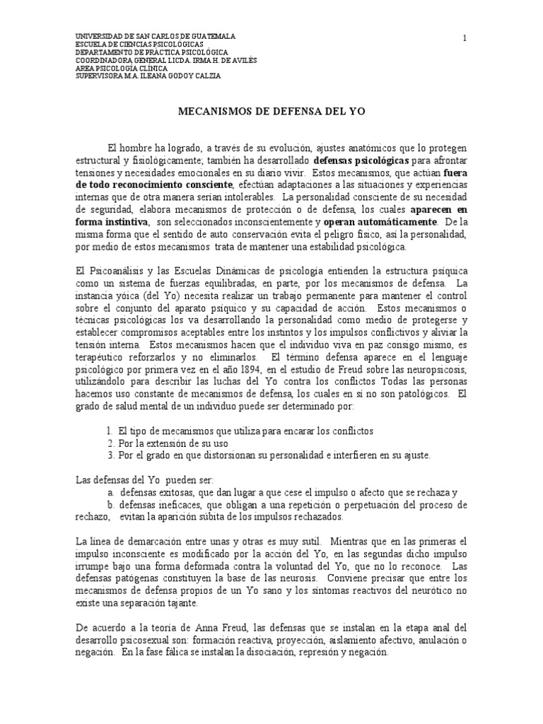 Mecanismos de Defensa del Yo en Psicología | PDF | Psique (psicología ...