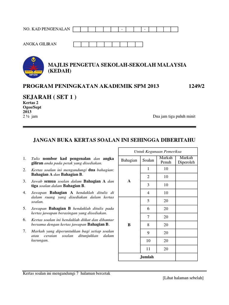 Trial Kedah Sejarah SPM 2013 K2