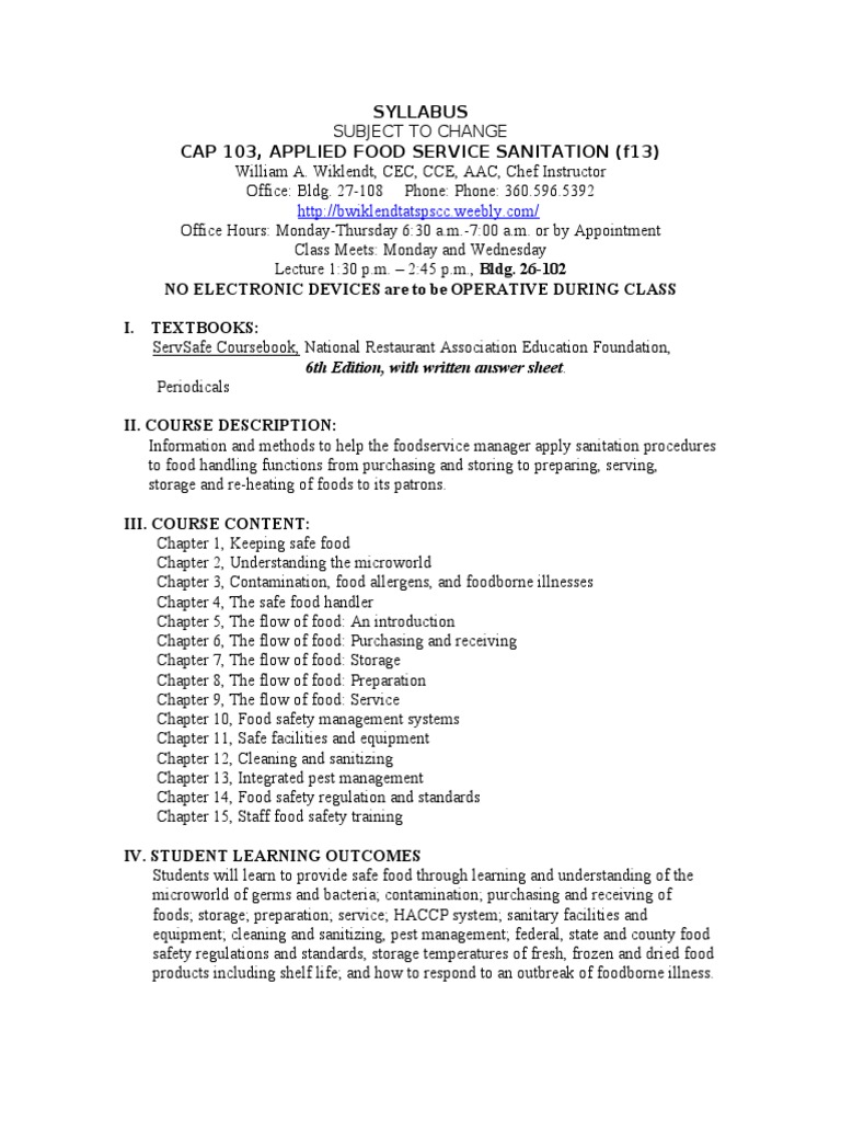 Cap 103 Syllabus Foodborne Illness Foods - 