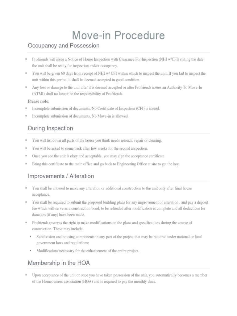 Move-In Procedure and Guidelines | PDF | Finance & Money Management