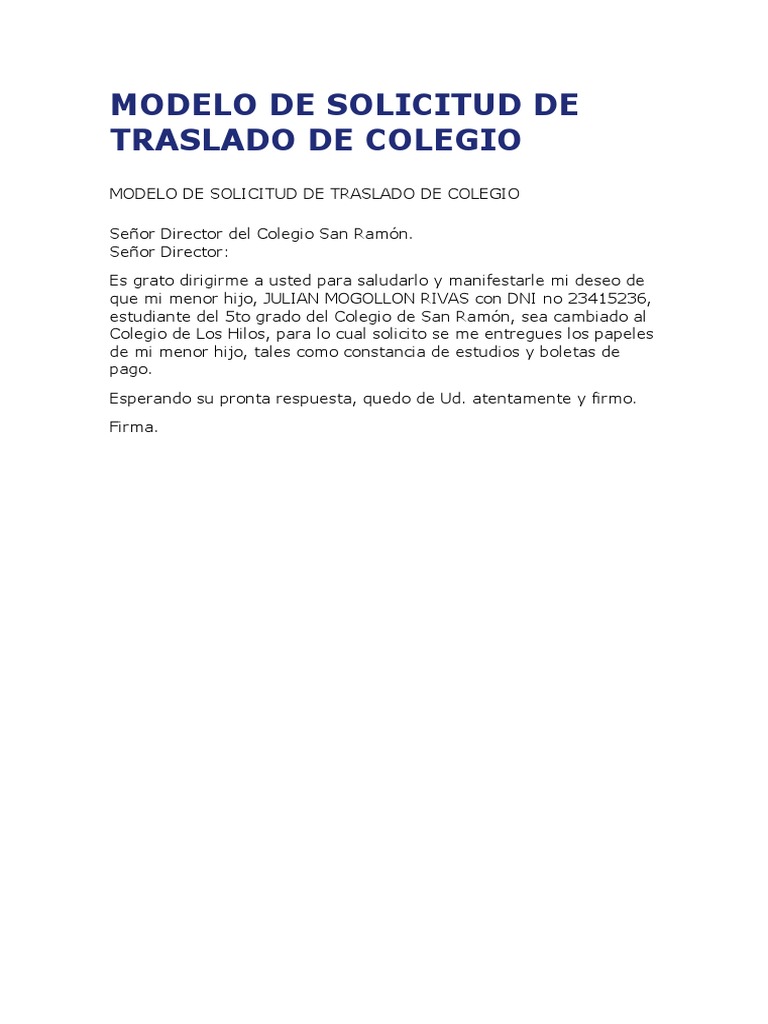 Modelo de Solicitud de Traslado de Colegio | PDF