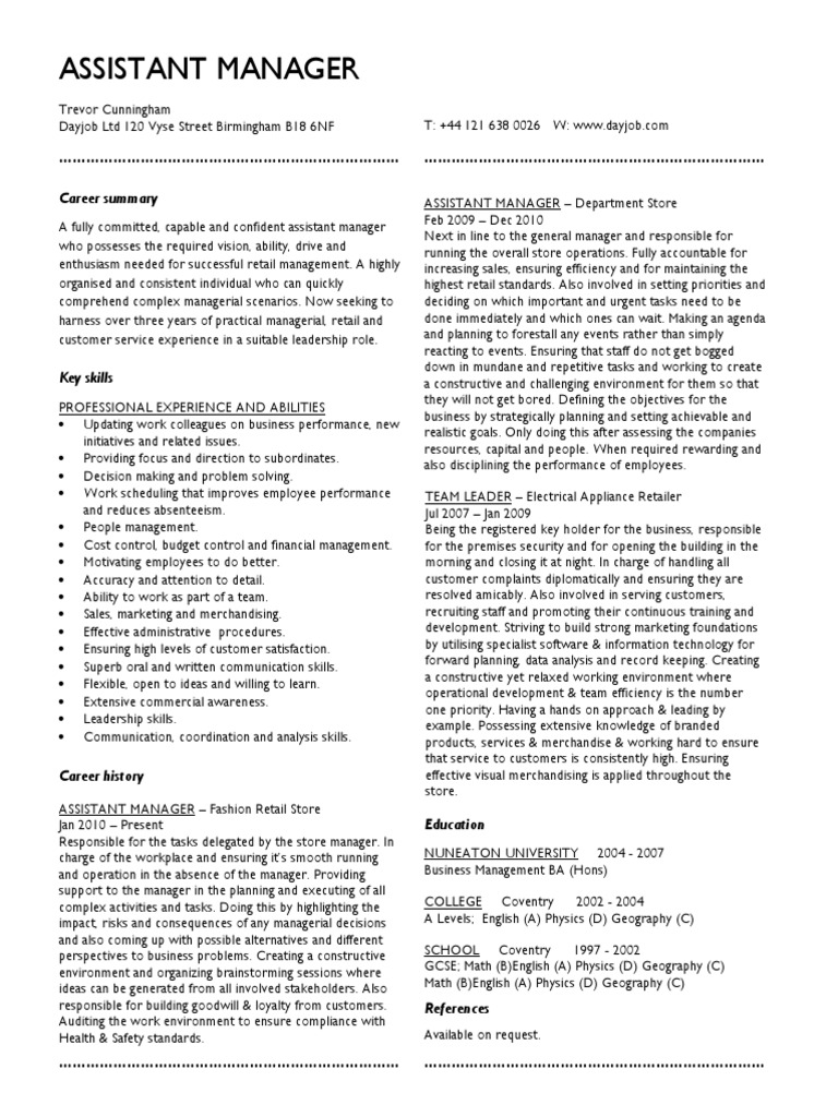 Assistant Manager Cv Template Pdf Business