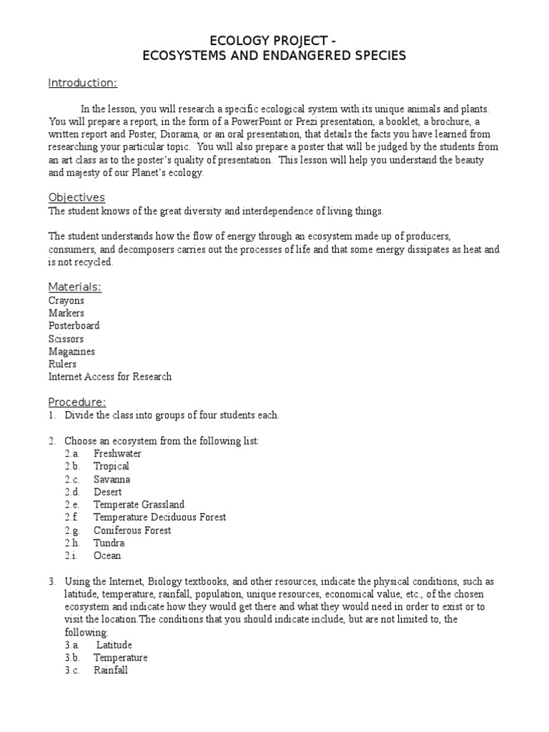 Ecology Project - Ecosystems and Endangered Species | PDF | Ecosystem ...