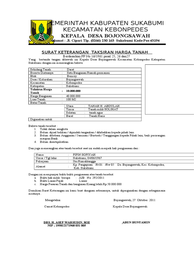 Srat Keterangan Tanah Taksiran Harga 294 M2 Kepemilikan Rumah atasa nama.
