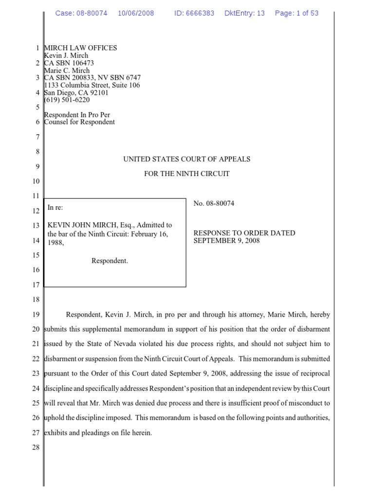 10 6 08 Doc 13 In Re Mirch Response To Order To Show Cause Summary 