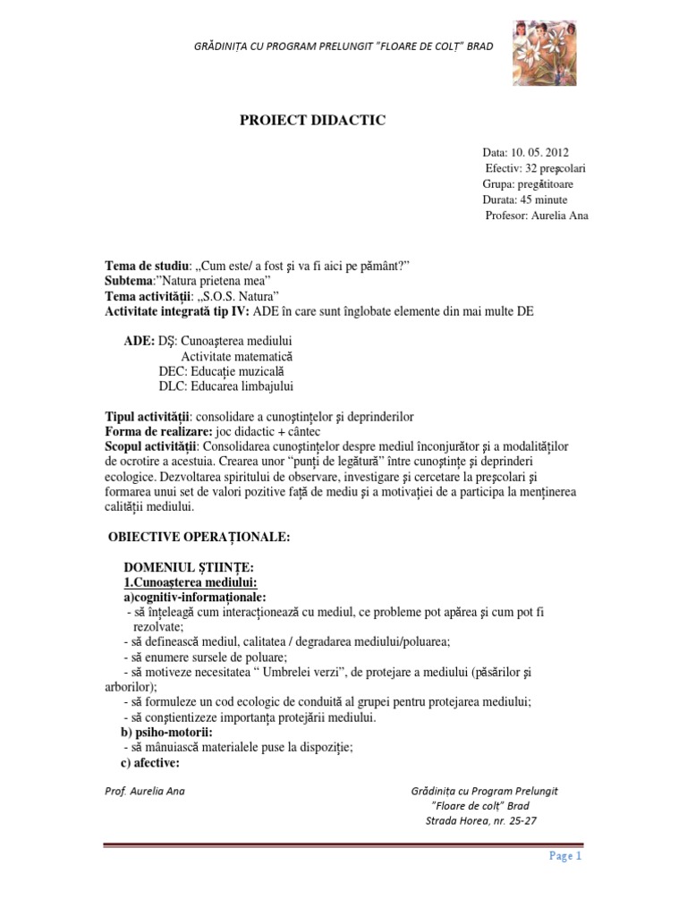 Proiect Didactic Activitate Integrata Educatie Ecologica