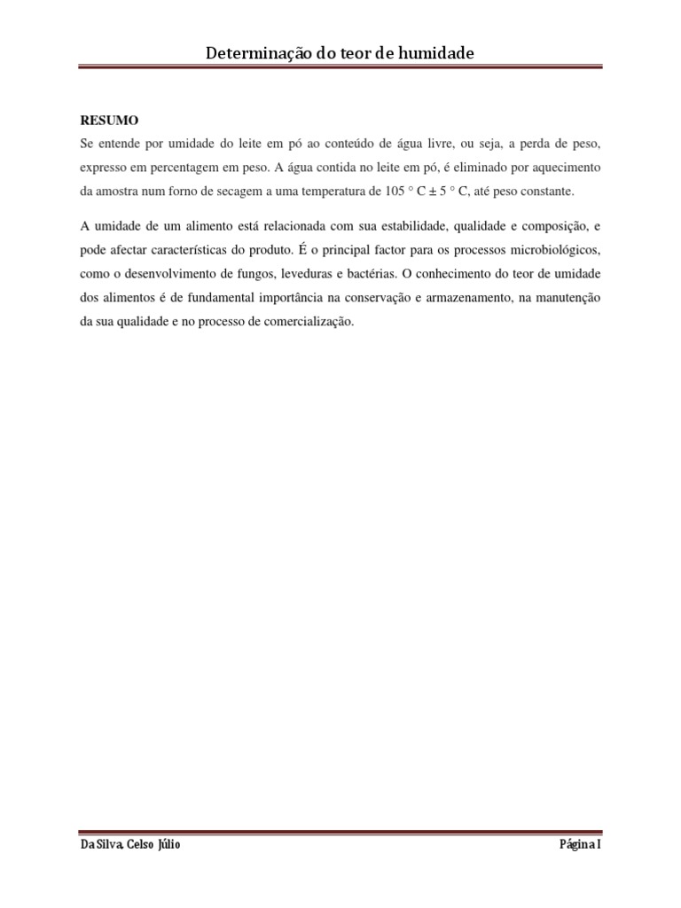 Teor de Humidade em Alimentos | PDF | Umidade | Leite