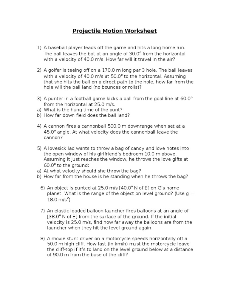 Worksheets Projectile Motion Worksheet With Answers workbooks projectile motion worksheets free printable worksheet trajectory projectiles