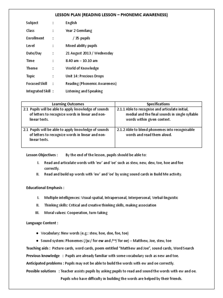 Year 2 Phonemic Awareness Lesson | PDF | Phonics | Lesson Plan