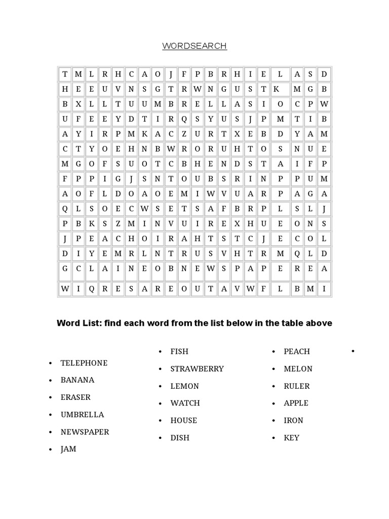 Wordsearch: Word List: Find Each Word From The List Below in The Table ...