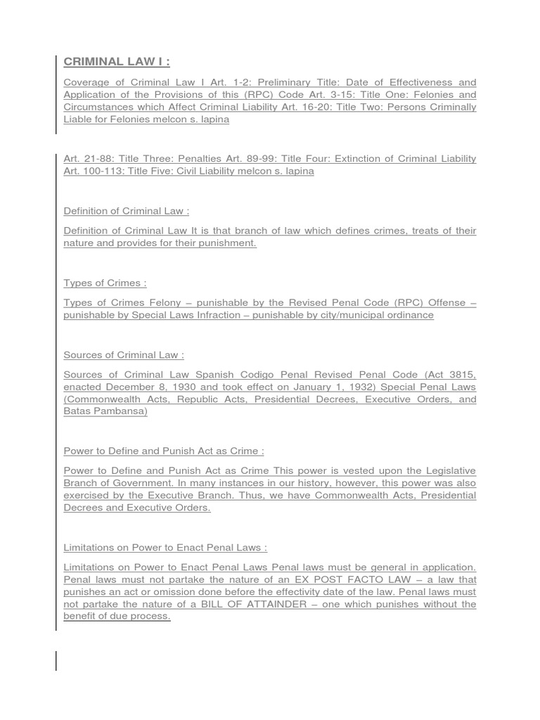 Criminal Law I Notes Pdf Conspiracy Criminal Crime Violence