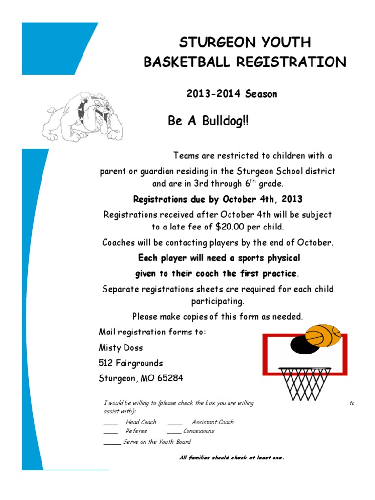 Sturgeon Youth Basketball Registration Be A Bulldog!! PDF Fee