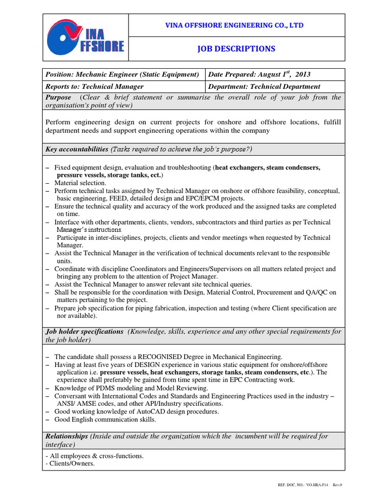 Static Equipment Engineer Job Description | PDF | Engineering Design ...
