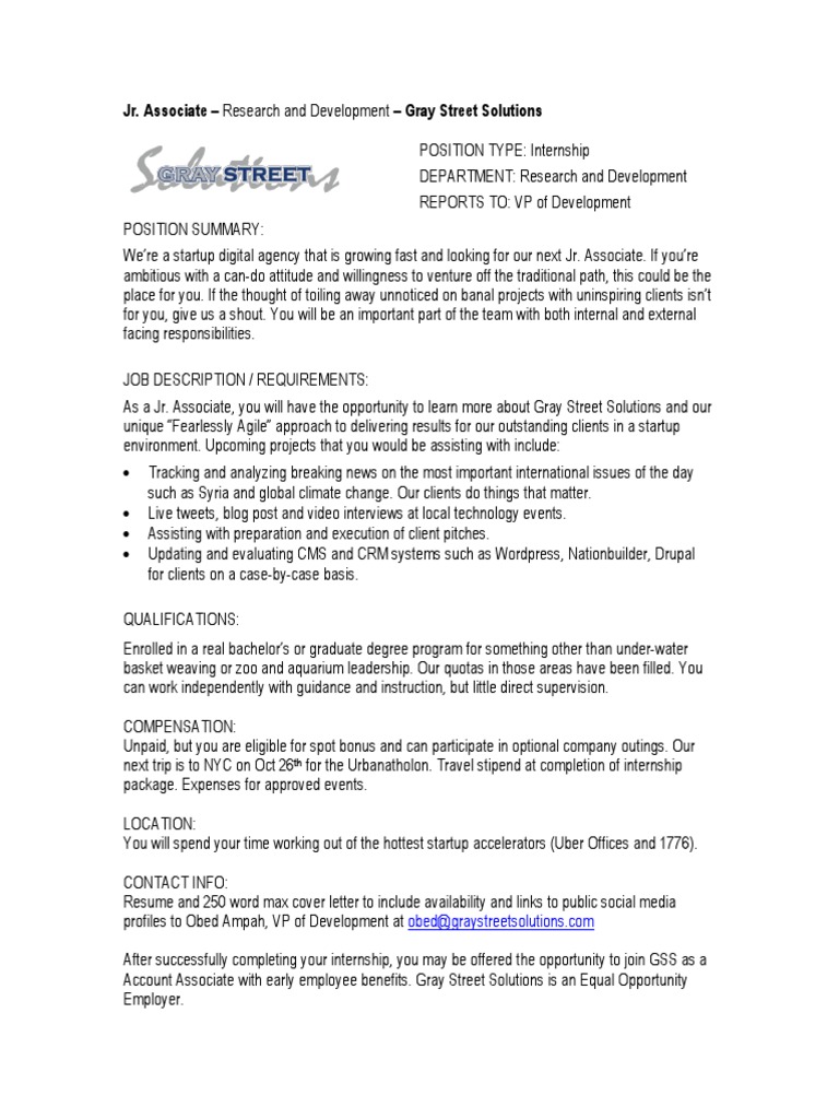 Gss Sample Statup Internship Announcement Pdf Internship Job Hunting